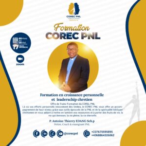 Visuel de la formation en croissance personnelle et leadership chrétien organiser par le Cabinet de transformation personnelle et spirituelle avec le COREC PNL. Conception graphique adambita237 (alias adatheartist)