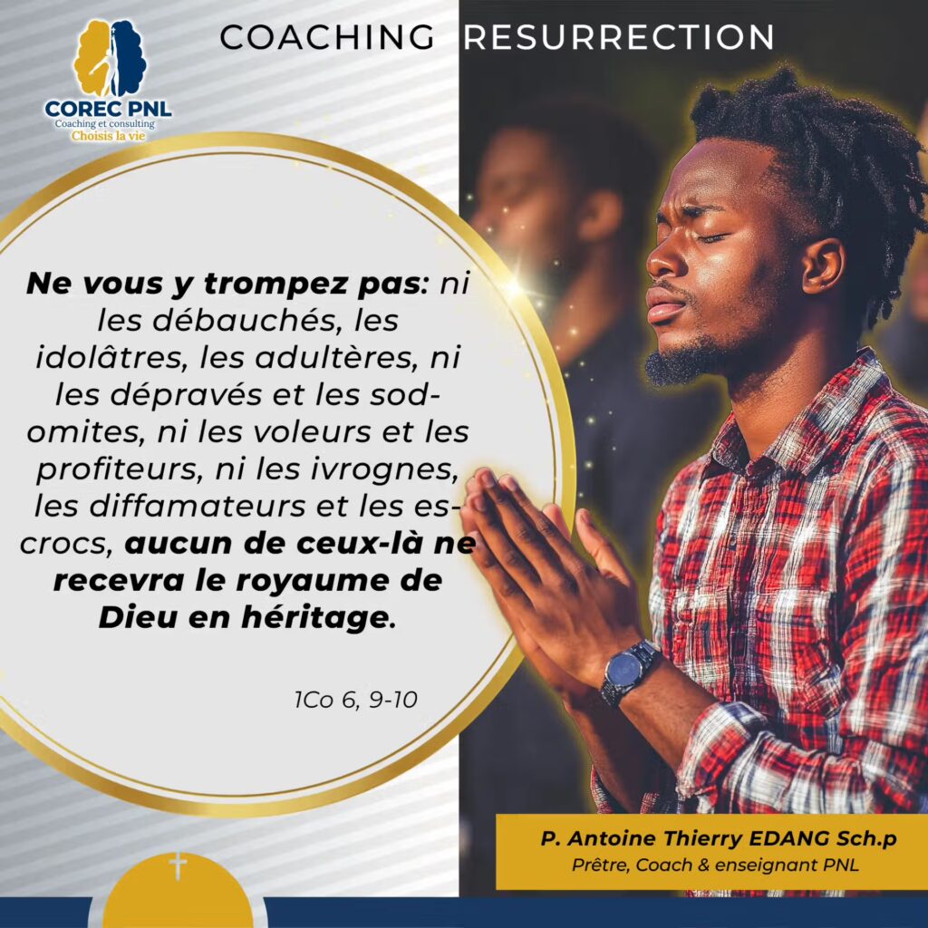 Visuel Formation Ado-PNL du Cabinet COREC PNL Proposant un COACHING RESURRECTION présentant un jeune homme priant les mains jointes, avec un verset Biblique affiché. Conception graphique adambita237 (alias adatheartist)