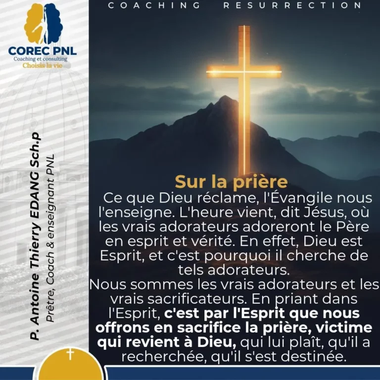 La puissance de la prière avec Jesus Image montrant une croix lumineuse avec en arrière plan des montagnes sur le site internet du COREC PNL du père Antoine thierry Edang Coach certifié en PNL
