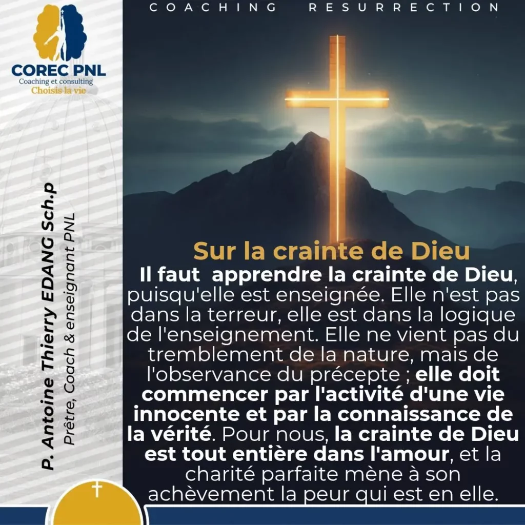 Sur la Crainte de Dieu, l'image présente une croix dorée brillante avec des montagnes en arrières plan pour illustrer l'article du père Antoine Thierry Edang coach certifié en pnl. Conception graphique adambita237 (alias adatheartist)