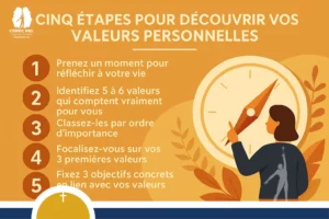CINQ ÉTAPES POUR DÉCOUVRIR VOS VALEURS PERSONNELLES Tips du père Antoine thierry Edang coach certifié en PNL. Conception graphique adambita237 (alias adatheartist)